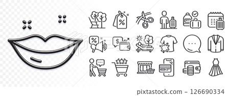 Dirty t-shirt, Lips and Wallet line icons for web app. Glare of light effect. Message icon. Pack of Shopping rating, Marketplace, Buyer think pictogram icons. Vector 126690334