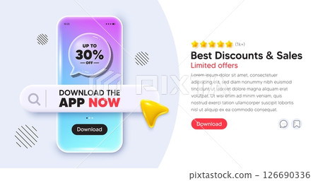 Discount tag mobile phone banner. App chat speech bubble. Up to 30 percent off sale. Discount offer price sign. Special offer symbol. Save 30 percentages. Phone template with search bar. Vector 126690336