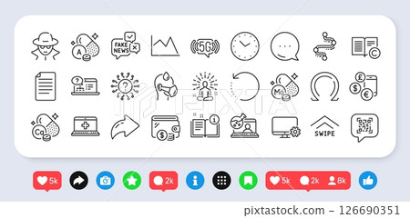 Molybdenum mineral, Copyright and Fraud line icons pack. Social media: share, comment, like icons. 5g wifi, Medical help, Omega web icon. File, Manual, Currency rate pictogram. Vector 126690351