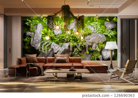Living Room with Striking Moss & Rock Feature Wall Living Room with Striking Moss & Rock Feature Wall 126690363