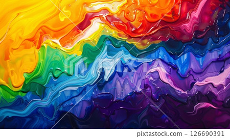 Rainbow-themed artwork boasts bold designs, vibrant colors, and emotions, celebrating creativity and diversity. 126690391