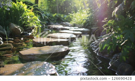 Unedged boards serve as stepping stones across a garden stream, creating a charming and rustic pathway. 126690428