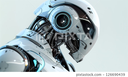 A futuristic robot with a sleek design, blending advanced tech and modern aesthetics, offers top efficiency. 126690439