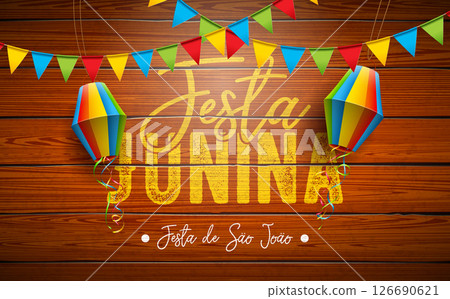 Festa Junina Banner Illustration with Party Flags, Paper Lantern and Light Bulb Billboard Letter on Blue Falling Confetti Background. Vector Brazil June Sao Joao Festival Design Template for Post Card 126690621