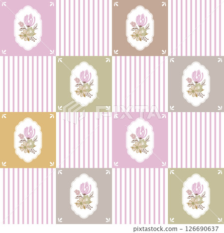 Seamless pattern with various patch style trendy folk flowers, stripes and squares. Vintage cottagecore farm ornaments background 126690637