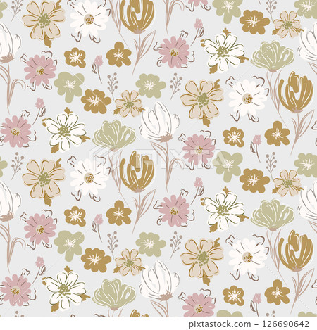 Flower pattern background with meadow flowers. Dense greenery backdrop and cream floral bunches on light gray 126690642