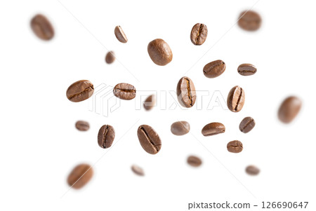 Coffee beans levitate. Roasted coffee beans flying on white background with clipping path. Close up image. Coffee beans levitate. Roasted coffee beans flying on white background with clipping path. Close up image. 126690647