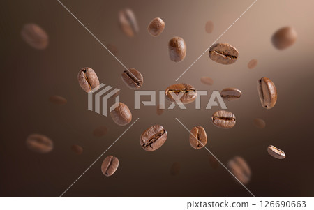 Roasted coffee beans levitate with dark background. Coffee beans flying and falling use for background. Close up image. Roasted coffee beans levitate with dark background. Coffee beans flying and falling use for background. Close up image. 126690663