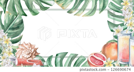 Rectangular frame with leaves, flowers, glasses with juice, shell and sunscreen. Isolated watercolor illustration on the theme of a beach party for decorating invitations, menus, posters. 126690674
