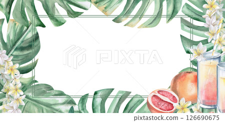 Rectangular frame with large monstera leaves, plumeria and glasses with grapefruit juice. Isolated watercolor illustration on the theme of a beach party for decorating invitations, menus, posters. 126690675