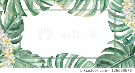 Rectangular frame with large monstera leaves and plumeria flowers. Isolated watercolor illustration on the theme of a beach party for decorating invitations, menus, posters. Rectangular frame with large monstera leaves and plumeria flowers. Isolated watercolor illustration on the theme of a beach party for decorating invitations, menus, posters. 126690676