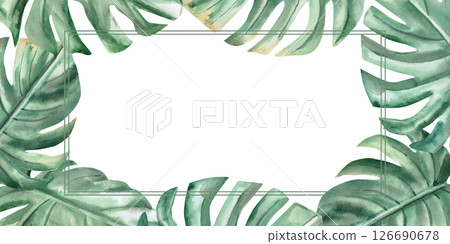 Rectangular frame with large monstera leaves. Isolated watercolor illustration on the theme of a beach party for decorating invitations, menus, posters. 126690678