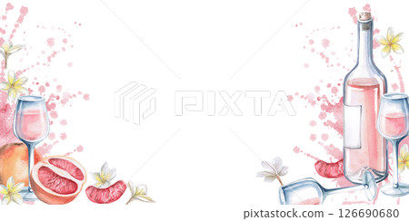 Rectangular frame with a bottle of wine, glasses, grapefruit on a splash background. Isolated watercolor illustration for restaurant menu design, interior, wedding cards, poster printing. 126690680