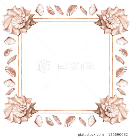 Square frame with various shells. Isolated watercolor illustration for restaurant menu design, interior, wedding cards, poster printing. 126690682