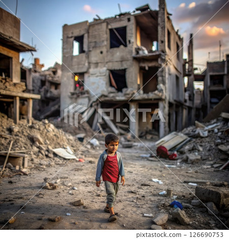 Young Boy Walking Through Rubble of Building. Generative AI 126690753