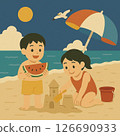 夏天在海灘玩耍的兄弟姊妹 126690933