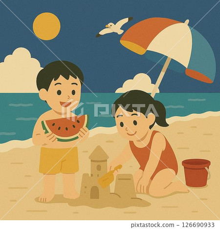 夏天在海灘玩耍的兄弟姊妹 126690933