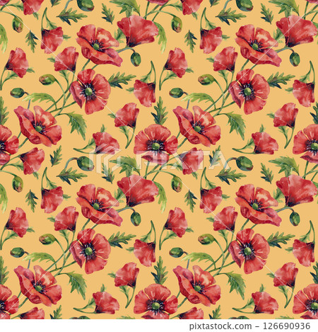 Elegant red poppies with buds on a background, seamless watercolor pattern. 126690936