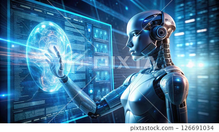Woman in Futuristic Suit Holding Futuristic Object. Generative AI 126691034