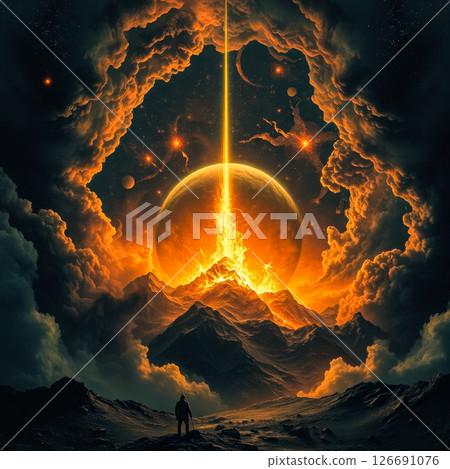 Ray of fiery flash. Silhouette of a person looking at atmospheric phenomena of the planet. 126691076
