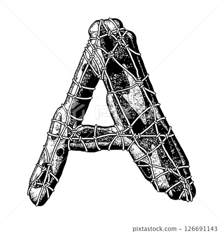 Wrapped in wire letter. Grungy vector font. Art lettering. 126691143