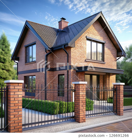 Large Brick House With Black Gate. Generative AI Large Brick House With Black Gate. Generative AI 126691266