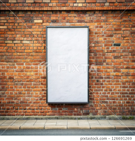 White Sign Hanging on the Side of a Brick Building. Generative AI White Sign Hanging on the Side of a Brick Building. Generative AI 126691269