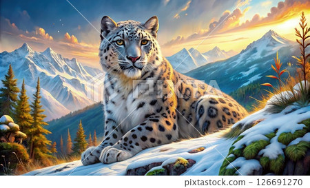 Snow Leopard Sitting in Snow. Generative AI Snow Leopard Sitting in Snow. Generative AI 126691270