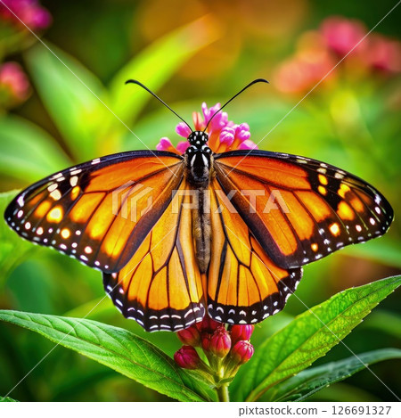Large Orange Butterfly Resting on Top of Pink Flower. Generative AI Large Orange Butterfly Resting on Top of Pink Flower. Generative AI 126691327