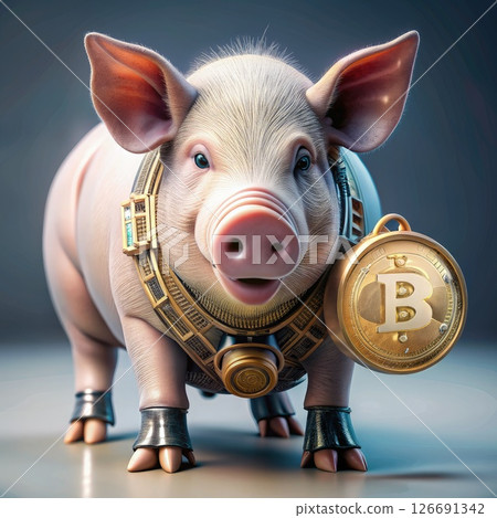 Pig With Bitcoin Symbol on Chest. Generative AI Pig With Bitcoin Symbol on Chest. Generative AI 126691342