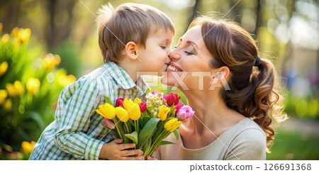 Woman Kissing Boy With Bouquet of Flowers. Generative AI 126691368