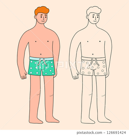 Cute Guy Beachgoer in Swimming Trunks. Male Character Beach. Isolated Color and Outline linear hand drawing. Vector illustration 126691424