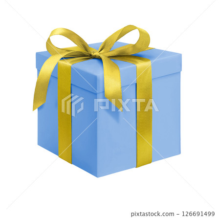 Blue gift box with golden ribbon and bow on a white background 126691499