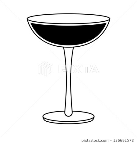 Elegant Cocktail Glass Silhouette Vector Illustration. The glass is depicted in black and white, with a wide shallow bowl, a slender stem and a rounded base. Elegant Cocktail Glass Silhouette Vector Illustration. The glass is depicted in black and white, with a wide shallow bowl, a slender stem and a rounded base. 126691578