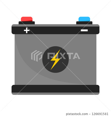 Battery Icon with Terminals and Lightning Symbol Vector Illustration. The battery is rectangular. It features a red positive terminal and a blue negative terminal. Battery Icon with Terminals and Lightning Symbol Vector Illustration. The battery is rectangular. It features a red positive terminal and a blue negative terminal. 126691581