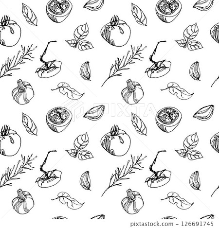 Minimalistic pattern with tomatoes, basil, rosemary, garlic in handdrawn style on white background Minimalistic pattern with tomatoes, basil, rosemary, garlic in handdrawn style on white background 126691745