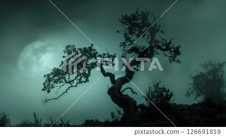 A gnarled tree's silhouette stands against a misty landscape, bathed in eerie moonlight, branches ghostly. A gnarled tree's silhouette stands against a misty landscape, bathed in eerie moonlight, branches ghostly. 126691859