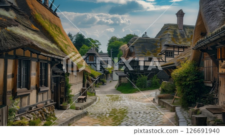 A picturesque medieval village with charming cottages and intricate cobblestone streets, exuding timeless beauty. A picturesque medieval village with charming cottages and intricate cobblestone streets, exuding timeless beauty. 126691940