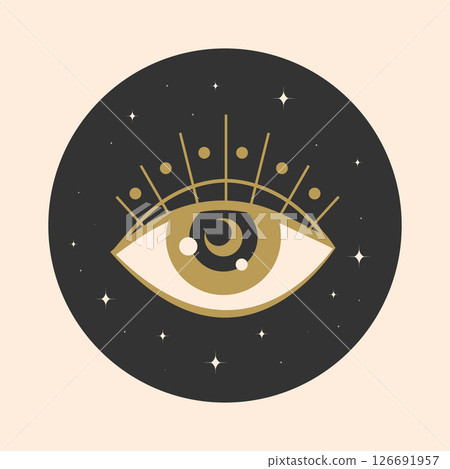 Celestial golden magical eye round emblem decorated with stars. All seeing eye. Vector illustration Celestial golden magical eye round emblem decorated with stars. All seeing eye. Vector illustration 126691957
