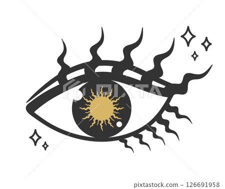 Hand drawn celestial eye with curled lashes and a sun symbol. All seeing eye. Vector illustration Hand drawn celestial eye with curled lashes and a sun symbol. All seeing eye. Vector illustration 126691958
