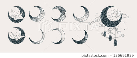 Moon in different shape or phase, crescents decorated with paper cranes and crystal. Set of celestial elements. Vector illustration Moon in different shape or phase, crescents decorated with paper cranes and crystal. Set of celestial elements. Vector illustration 126691959