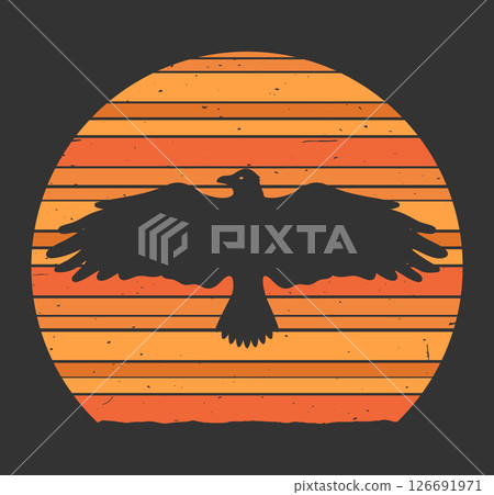 Retro style background with sunset and flying crow. Vintage grunge texture. Vector illustration 126691971