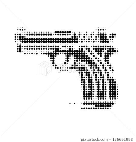 Abstract handgun silhouette created with black halftone dots isolated on white background. Abstract handgun silhouette created with black halftone dots isolated on white background. 126691998