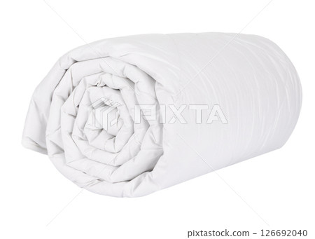 Soft white duvet neatly rolled up isolated on a clean white studio background. 126692040