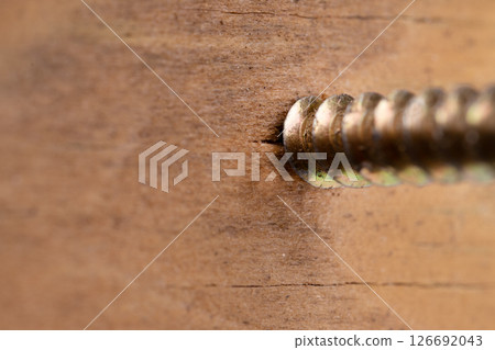 Extreme close up of a wood screw head embedded in a timber surface texture. 126692043