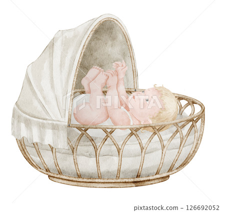 Watercolor illustration of a baby in wicker Crib with canopy. Drawing of Infant in Basket for Baby shower greeting cards or newborn party invitations. Art of Child in a cot in pastel colors. 126692052