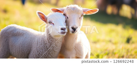 Cute lambs playfully interacting in a sunny field 126692248