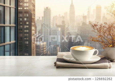 Cozy coffee moment with city skyline view 126692262