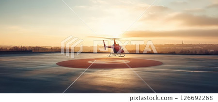 Helicopter on rooftop at sunset in a quiet city Helicopter on rooftop at sunset in a quiet city 126692268