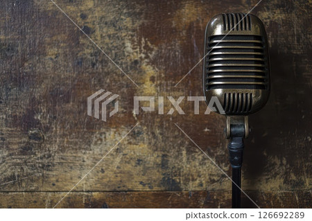 Vintage microphone on wooden surface ready for use 126692289